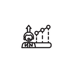 Fototapeta premium A clean outline icon depicting a person wearing a headset with an upward arrow, alongside a rising graph with connected circles, symbolizing improved communication, performance, or customer service gr