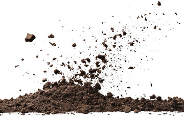 A pile of dirt and debris exploding upwards against a black background in a dynamic composition