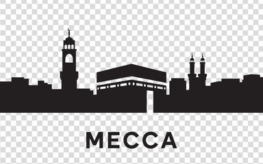 Naklejka premium Mecca Skyline Silhouette with Kaaba – Islamic Holy City Landmark Vector