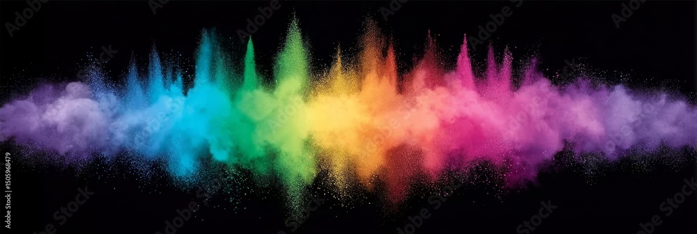 Poster rainbow powder explosion - vibrant rainbow colored powder explodes against a black background, creat