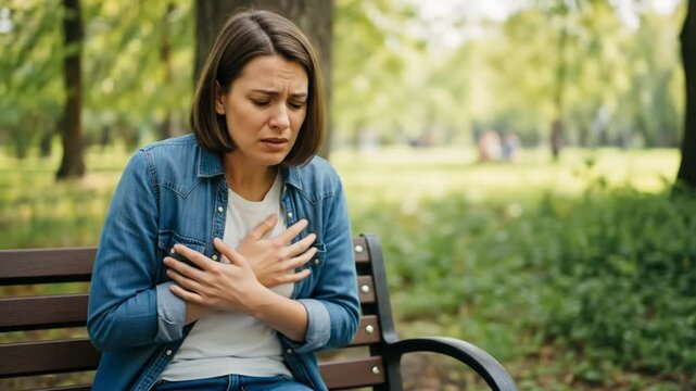 Woman experiencing chest pain in park: heart attack symptoms, angina, cardiac arrest, health emergency help