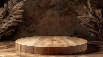 a wooden table with a round wooden plate on it