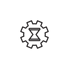 A minimalist outline icon featuring a cogwheel with an hourglass in its center, symbolizing efficient time management, process optimization, or timely mechanics.