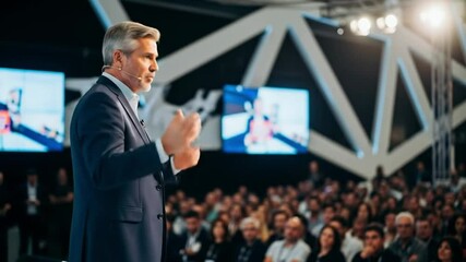 Professional motivational speaker giving business presentation at conference to audience event