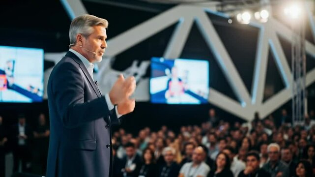 Professional motivational speaker giving business presentation at conference to audience event