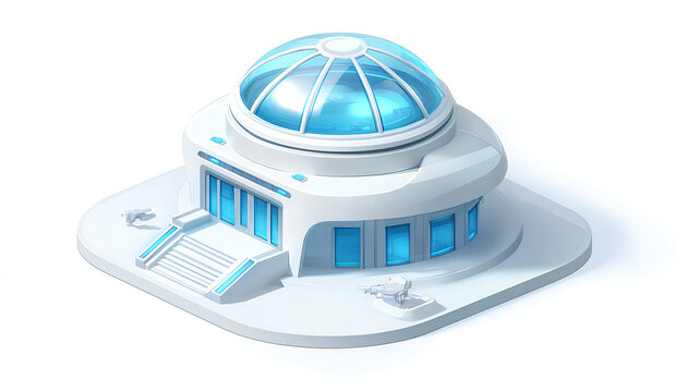 A white, futuristic small building with a round roof and windows on the side, featuring blue accents in a sci-fi style, with a transparent background.