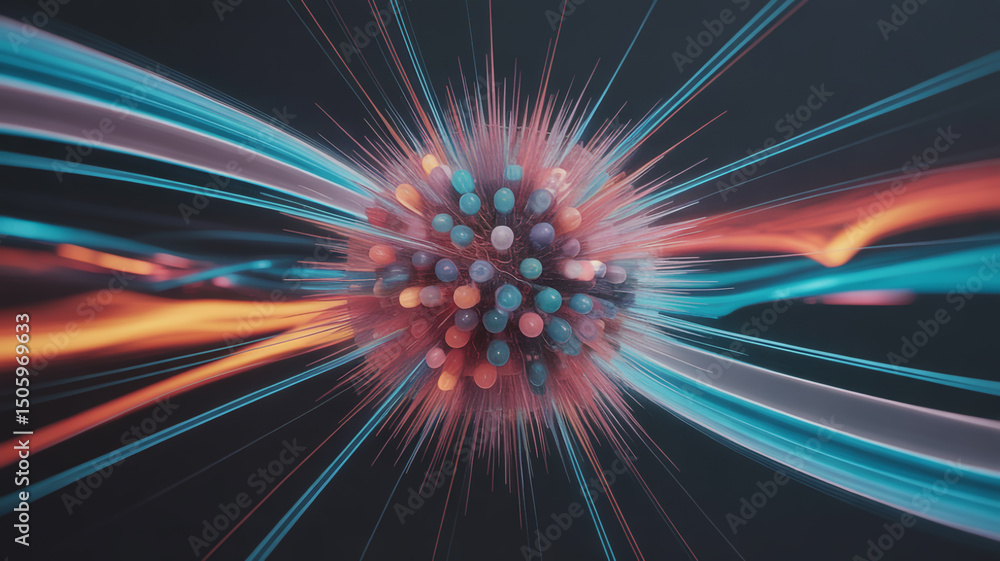 Poster abstract sphere with radiating lines of light in blue and orange on a dark background