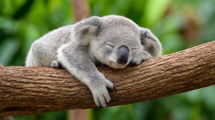 Sleepy Koala on a Branch - A cute koala bear sleeps soundly on a tree branch, symbolizing peace, tranquility, nature, wildlife, and Australian fauna