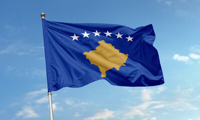 Kosovo national flag waving on flagpole