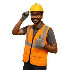 Smiling Construction Worker Adjusting Hard Hat on Site, Transparent

