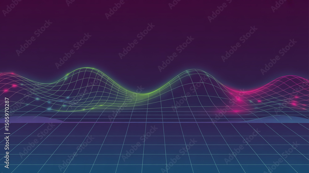 Poster retro wave grid landscape with neon lights and gradient background in purple and blue color scheme