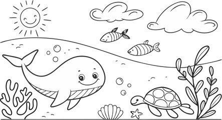 Fototapeta premium Ocean theme coloring page for kids. you can print it on standard paper. High resolution (300 DPI), ready to print on standard With No Bleed, Black and White Vector illustration AI, EPS, PNG, JPEG.