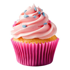 A cupcake with pink frosting and blue sprinkles in a pink wrapper on a black background close up view
