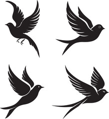 Flying Bird Silhouette Vector Set. Elegant Black Swallow Designs