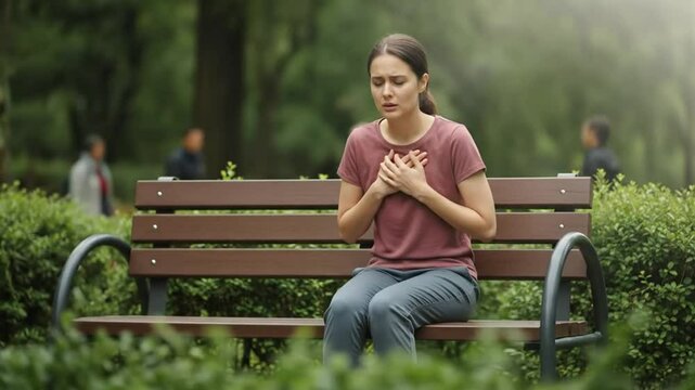 Woman experiencing chest pain sitting on park bench heart attack symptoms and health concerns emergency situation