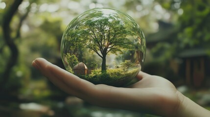 a person holding a glass ball with a tree inside