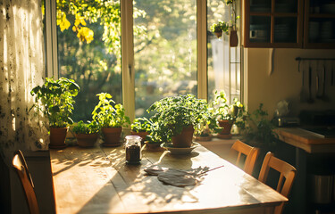 Rustic kitchen table, plants, window, sunlight, greenery, cooking, advertisement, food
