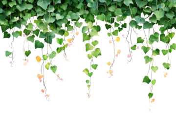 Hanging vines with green leaves and some yellow leaves against a black background in a top down view