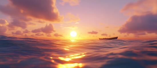 Obraz premium Sunset over a calm sea with a small boat