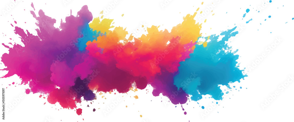 Poster radiant watercolor brush strokes and explosive colorful splashes on a white canvas, blending abstrac