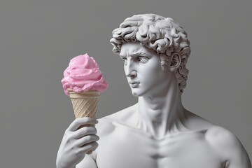 White marble statue of David holding a pink ice cream cone, fashion glamor photo concept