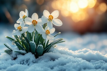 White snowdrops in the snow in spring, a concept for the end of winter and the beginning of spring