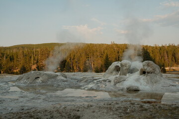 Beautiful steaming hot spring scenery at Yellowstone National Park Wyoming
