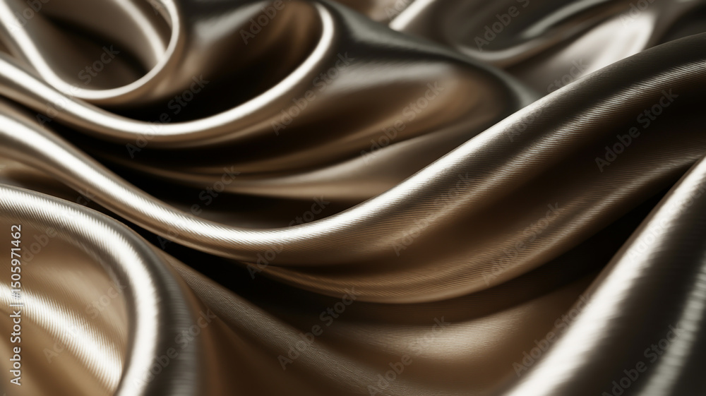 Poster close up view of flowing and rippling shiny brown and beige satin fabric with smooth texture