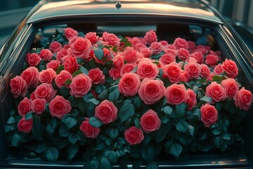 A large bouquet of bright red roses lies in the trunk of an expensive car, a concept of surprise and celebration