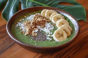 Bright green avocado smoothie with fresh banana slices, granola, chia seeds and shredded coconut. Healthy food concept