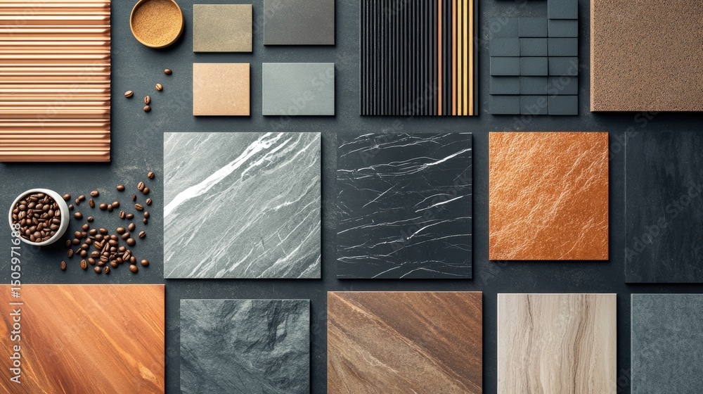 Poster various building materials arranged in a design sample.