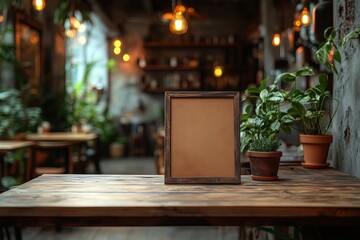 Empty wooden menu board in front of the Coffee Shop or restaurant in blurry background for mockup