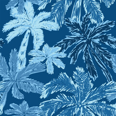 Blue tropical palm tree seamless pattern. Summer beach print. Hand drawn botanical sketch, cute palm leaves and exotic forest Vector textile design, fashion, fabric, wallpaper, repeat background.