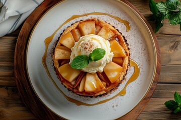 Food photography, caramelized apple and cinnamon pie topped with vanilla ice cream and honey, warm lighting, shot from above