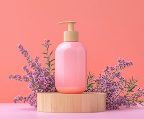 Layout of a body or hand lotion or other body product on a peach background, blank space for text or advertisement