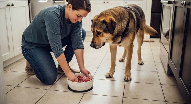Woman in blue top and jeans preparing pet food in a white bowl inside a kitchen with tiled floor and a large dog watching. Indoor domestic scene with natural light.