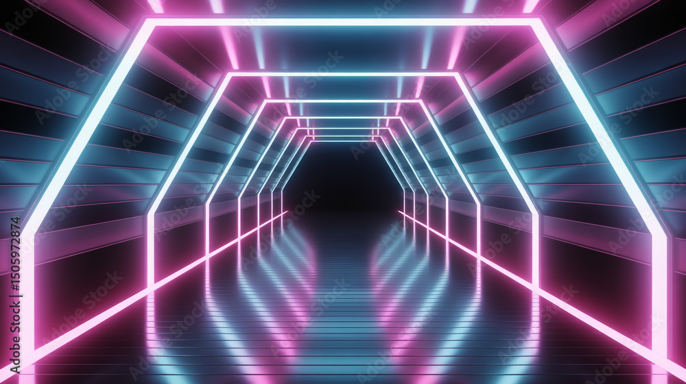 Poster abstract tunnel with neon lights reflecting on the floor creating a futuristic perspective look