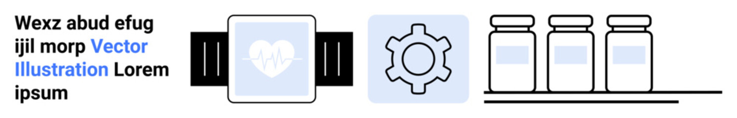 Fitness tracker displaying heart icon, gear symbol for settings or customization, and bottles on a shelf indicating health or pharmaceutical themes. Ideal for technology, fitness, healthcare