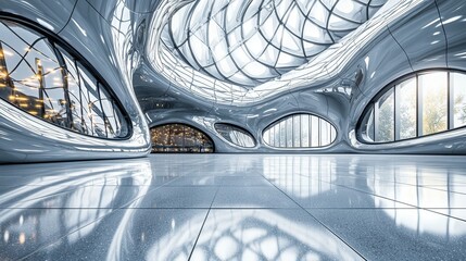 Modern Architectural Interior with Glossy Surfaces and Large Windows
