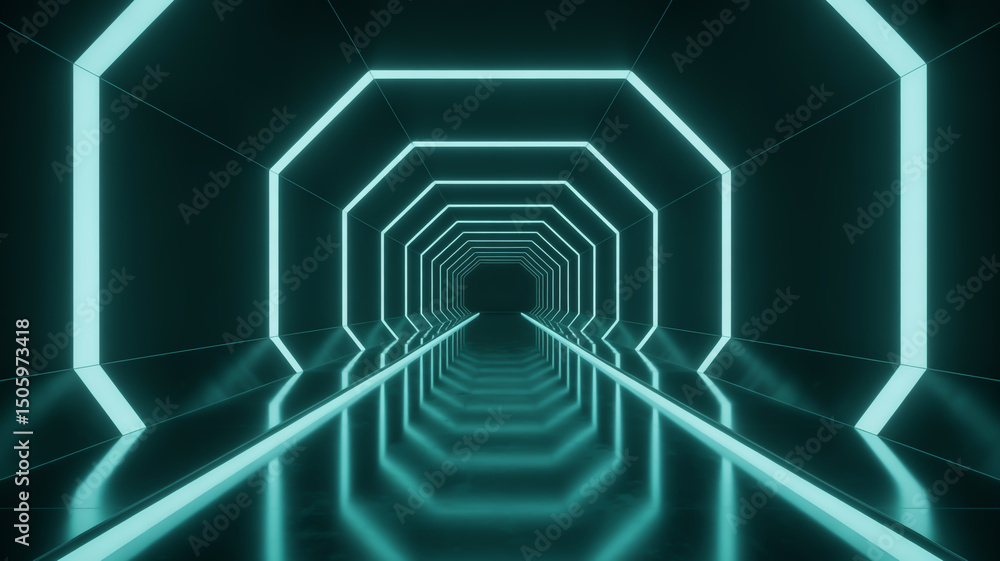 Poster illuminated octagon tunnel with reflective floor receding into a dark vanishing point in the distanc