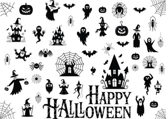 Obraz premium High-quality Halloween vector illustration featuring spooky and fun design elements including ghosts, jack-o'-lanterns, bats, witches, skulls, and spider webs. Perfect for seasonal design projects suc