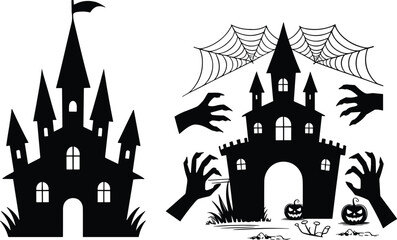 High-quality Halloween vector illustration featuring spooky and fun design elements including ghosts, jack-o'-lanterns, bats, witches, skulls, and spider webs. Perfect for seasonal design projects suc