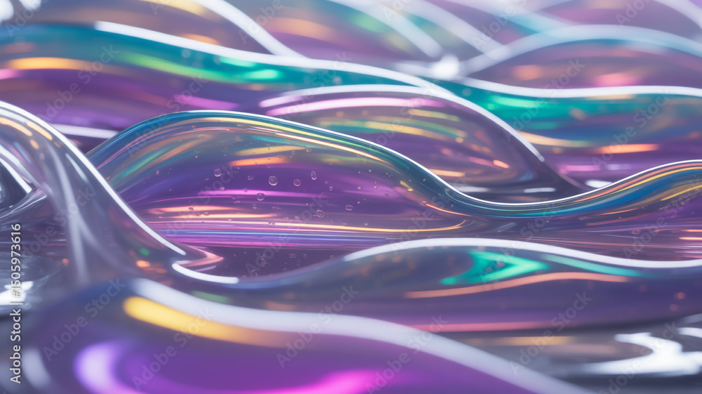 Poster iridescent wavy surface with liquid appearance and vibrant color gradients in a close up view