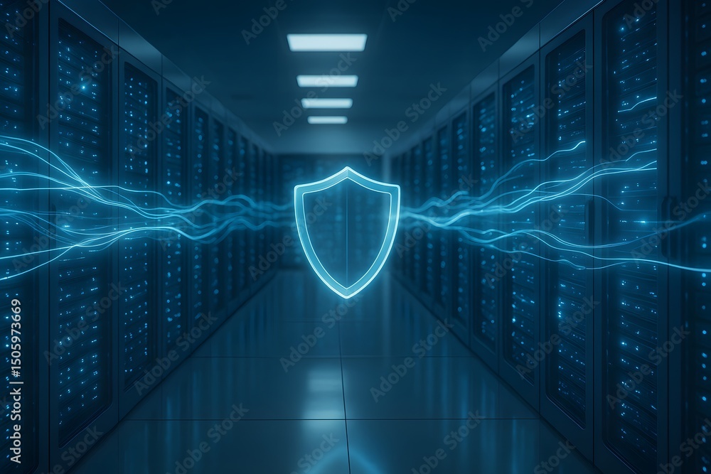 Poster a glowing shield pulses between rows of illuminated servers in a dark data-center corridor. concept 
