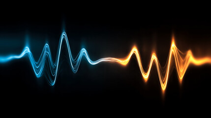 Electrocardiogram waveform, blue and orange, black background,