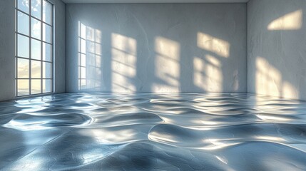Serene Interior Space with Reflections on Fluid Surface and Light