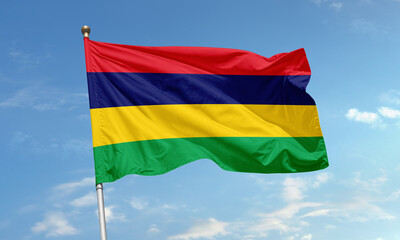 Colorful national flag of Mauritius waving proudly in blue sky background