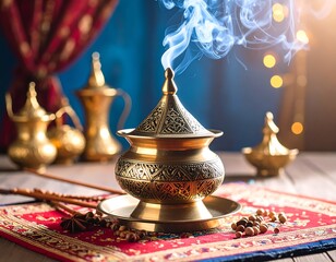 Ornate golden Arabic incense burner, a traditional mabkhara, releasing fragrant smoke on a decorative rug with cultural items.