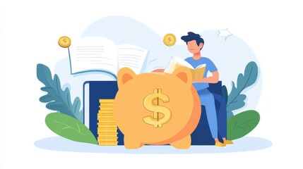 a man sitting on a chair with a piggy bank and a book