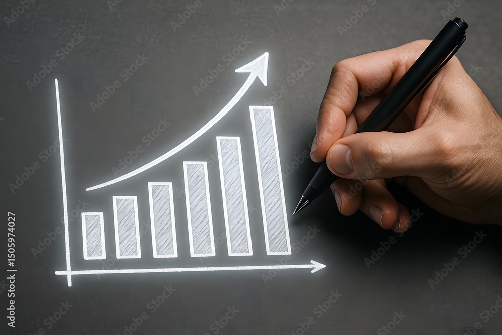 Poster a hand sketches a rising bar chart with an arrow on a dark surface using a marker. concept of busine